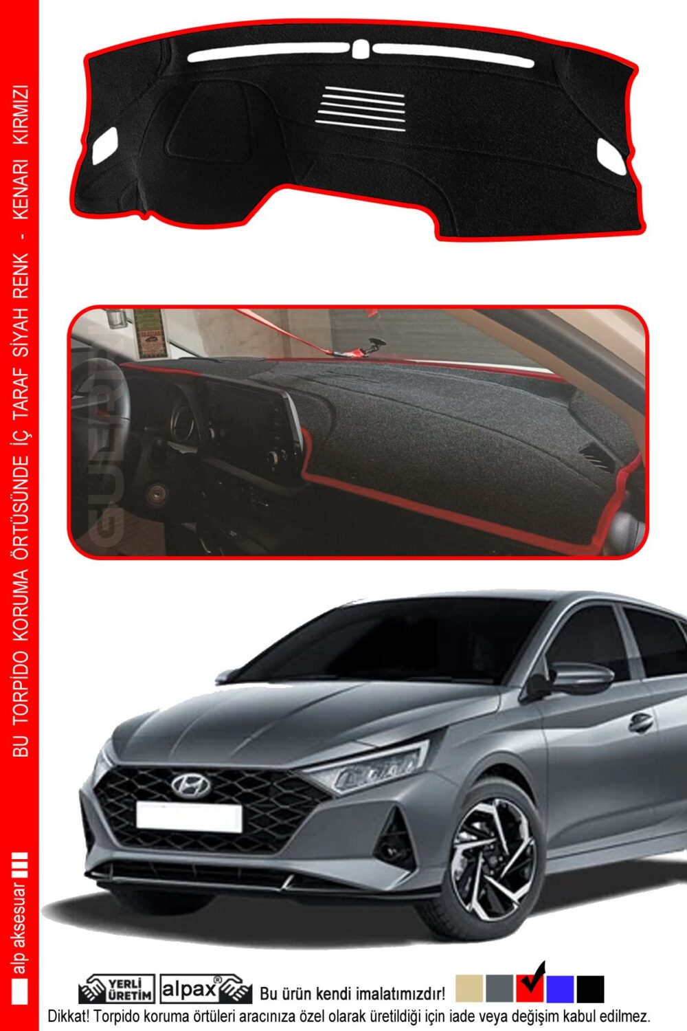 Hyundai i20 2020+ Araca Özel Üretim Torpido Koruma Şık Görünüm – Kenarı Kırmızı