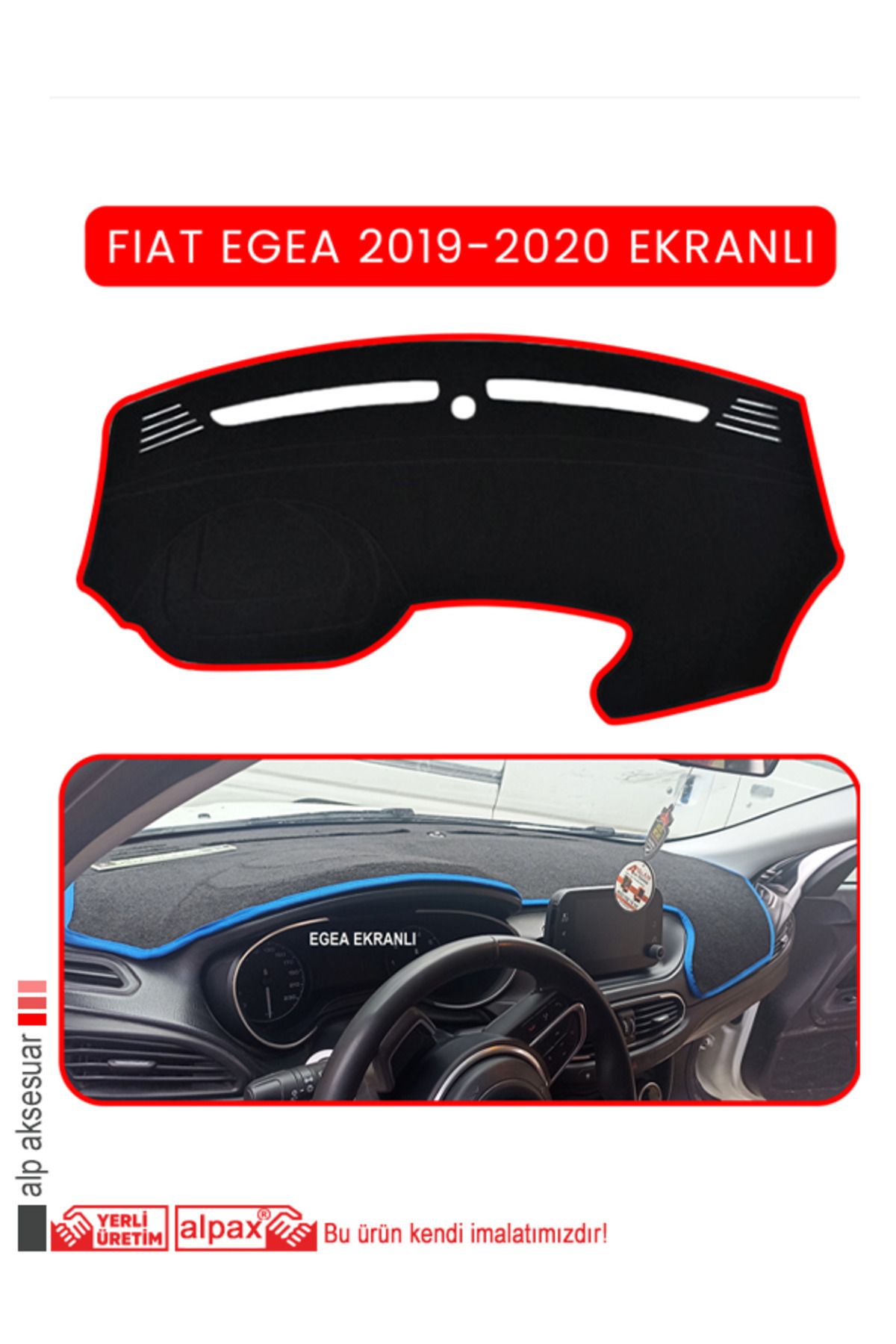 Fiat Egea 2014-2024 Arası Modele Özel EKRANLI Torpido Koruma Halısı - Kırmızı Kenar