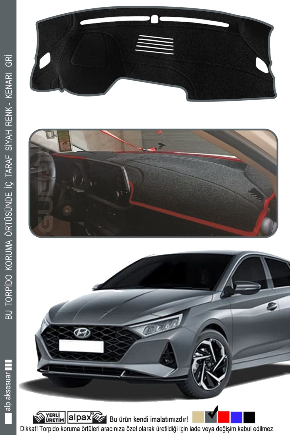 Hyundai i20 2020+ Araca Özel Üretim Torpido Koruma Şık Görünüm – Kenarı Gri